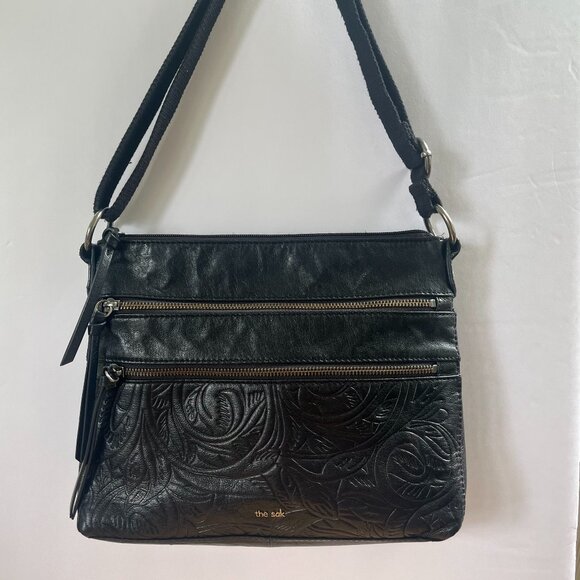 The Sak Handbags - The Sak Black Embossed LEATHER Crossbody Bag Purse Handbag Boho